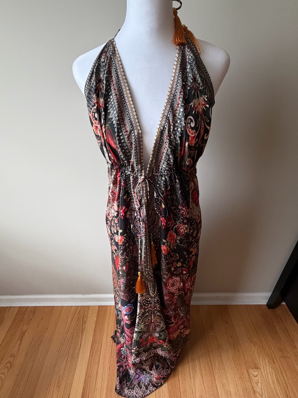 La Moda Maxi Halter Dress with Tassel Tie in Black & Red Floral - NWOT